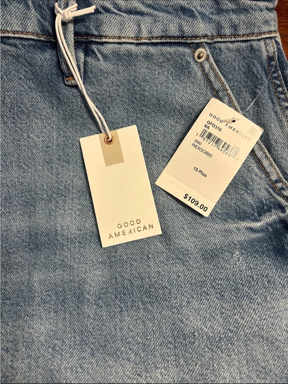Good American Light Blue High-Rise Denim Shorts